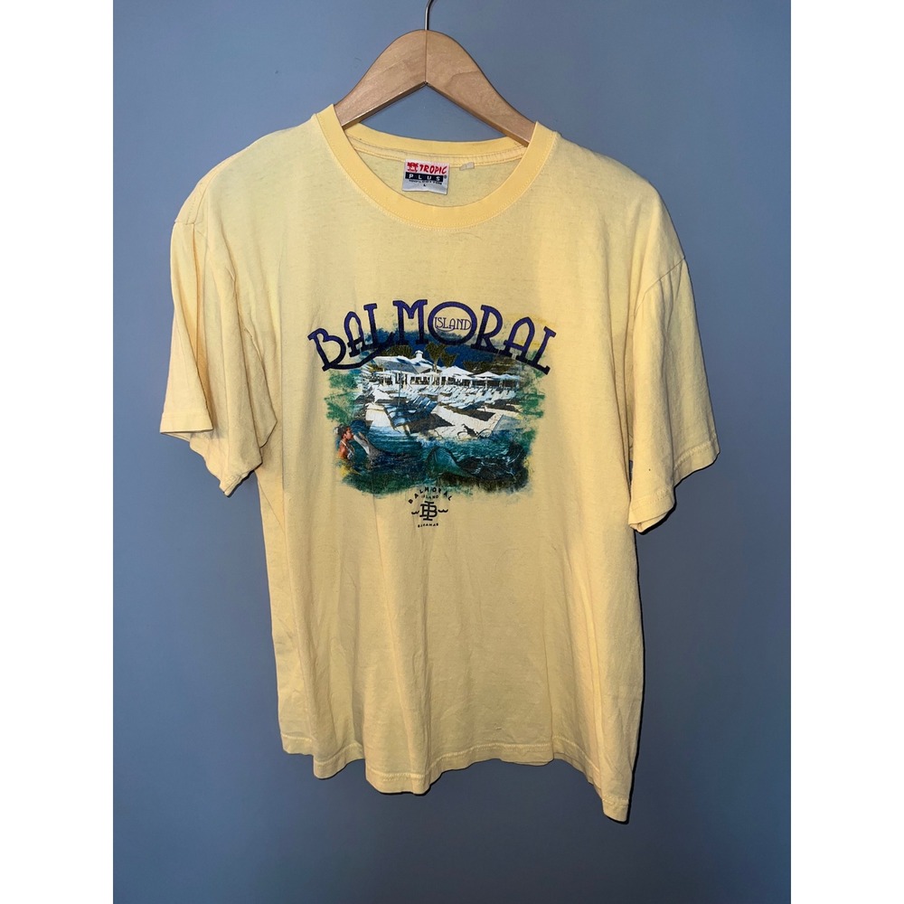 Vintage‎ Tropic Plus Balmoral Island Bahamas Graphic T-Shirt Yellow Mens Large